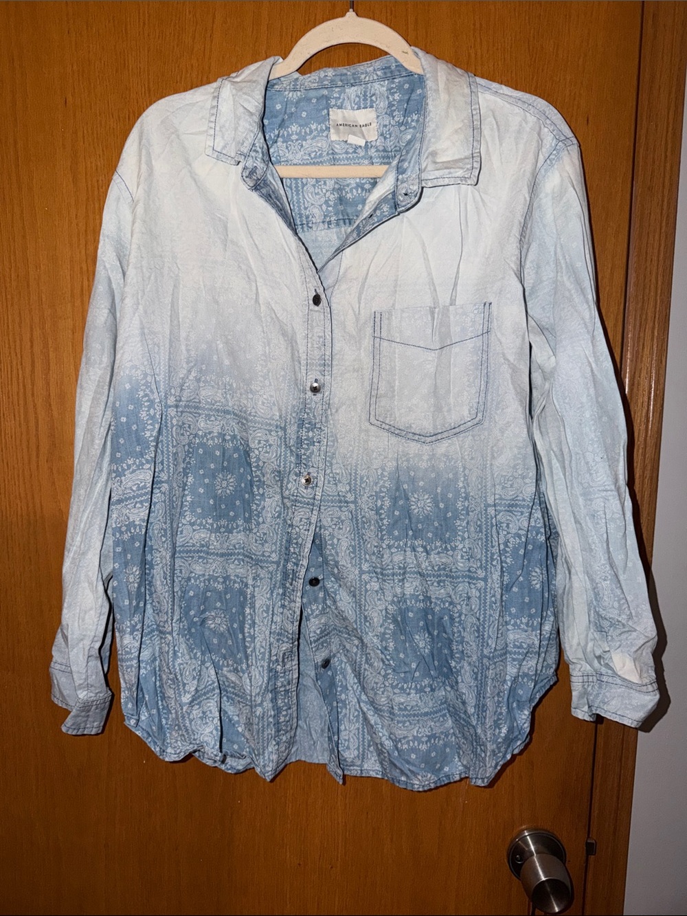 American Eagle Outfitters Light Blue Patterned Button-Down Shirt